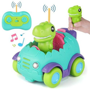 Nueplay Remote Control Car For Toddler Age 2 3 4 5, Electric Rc Car Toys With Light & Music, Toddler Dinosaur Toys, Dino Race Car Vehicles, Dinosaur Figures Truck, Birthday Gift For Boys & Girls Green