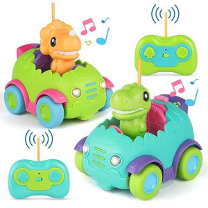 Nueplay Remote Control Car For Toddler Age 2 3 4 5, Electric Rc Car Toys With Light & Music, Toddler Dinosaur Toys, Dino Figures Truck Race Car Vehicles, Birthday Gift For Boys & Girls, 2 Pack Playset