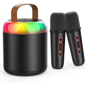 Iyoyo Mini Karaoke Machine For Kids Portable Bluetooth 5.3 Speaker Led Lights With 2 Wireless Microphones Karaoke Toy Gifts For Girls Boys Audlt Birthday Christmas Solid Metal Body (Black)