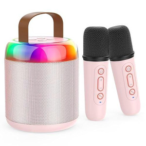 Iyoyo Mini Karaoke Machine For Kids Portable Bluetooth 5.3 Speaker Led Lights With 2 Wireless Microphones Karaoke Gifts For Girls Boys Audlt Birthday Christmas Solid Metal Body (Pink)