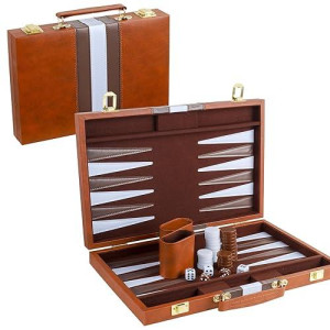 Reriver Backgammon Set 2 Players Classic Backgammon Sets For Adults Board Game With Pu Leather Case Portable And Travel Backgammon Set (Brown, 15Inch)