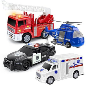 4 Pack Toy Cars- Fire Truck& Ambulance& Helicopter& Play Police Car Toys Set For 2 3 4 5 6 Year Old Boys Toddlers Gift, Emergency Vehicle Toy Playsets With Friction Powered & Lights & Sounds