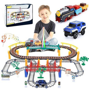 Jonrryin Toy Train Track Playset, Tracks Car Set, Industrial City Transportation Theme, Electric Train And Car For Kids Toddlers 3 4 5 6 Year & Up