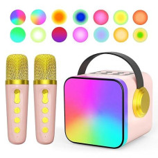 Unih Mini Karaoke Machine For Kids Adults,Portable Bluetooth Karaoke Speaker With 2 Wilreless Microphones,14 Lighting Modes,Festival Toys For Girls Boys 4, 5, 6, 7, 8+ Years Old Toddler Teens (Pink)