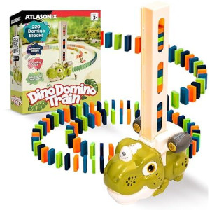 Atlasonix Dino Domino Train - 220 Dinosaur Dominoes Set For Boys & Girls - Birthday Gift Ages 3-10 - Montessori Jurassic T-Rex Toy With Automatic Rally Setter - Block Laying Machine