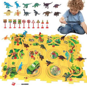 Xazastov Puzzle Track Car Play Set With 12 Dinosaur Figures, Plastic Railcar Floor Puzzles For Kids Ages 3-5 With Vehicles, Toys Gifts For 3 4 5 6 Year Old Boys