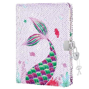 Wernnsai Mermaid Diary For Kids- Sequin Journal For Girls Gift Kids Journal A5 Notebook Lined Pages For Drawing Writing Diary With Lock Travel Birthday Christmas Kids Gift For Teen Girls 6-12