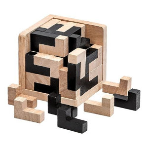 Wooden Brain Teaser Puzzle Cube Wooden Puzzles T-Shaped Jigsaw Logic Puzzle Educational Toy For Kids And Adults By Ahyuan (L Shape Black And Natural)