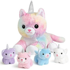 Kmuysl Plush Unicorn Kitty Toys For Girls Ages 3 4 5 6 7 8+ Year - Cat Mommy Stuffed Animal With 4 Baby Kitties In Her Tummy, Animal Stuffed Toys Set, Christmas Valentines Birthday Gifts For Girls