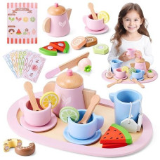 Wooden Tea Party Set, Tea Set For Little Girls 1-3 Toddler Tea Sets For Girls 2-4 With Wooden Toys Food Pretend Play Tea Party Wooden Kitchen Toys Playset Christmas Birthday Gift