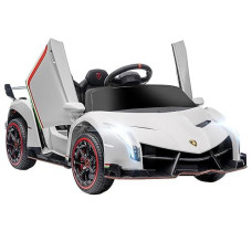 Aosom Lamborghini Veneno Licensed Kids Electric Car With Bluetooth, 12V Ride On Car With Butterfly Doors, Remote Control, Portable Battery, Suspension System, Horn, Songs, Lights, White