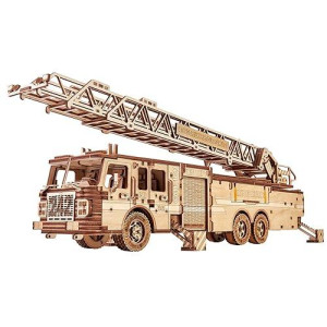 Wood Trick Rescue Firetruck Movable - Rotating Extendable Ladder - 3D Wooden Puzzles For Adults And Kids To Build - Rides Up To 20 Ft - Wooden Models Engineering Diy Project Mechanical Model Kit