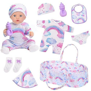 Ecore Fun 8 Pcs Baby Doll Clothes With Bassinet For 16-20 Inch Baby Doll, Rainbow Baby Doll Clothes Outfit Accessories Fit 16 To 20 Inch Baby Doll（No Doll）