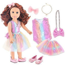 Zita Element 18 Inch American Doll With Doll Clothes And Accessories Including 18 Inch Doll Rainbow Dress Bow Bag Shoes Hairpin Necklace For Kids