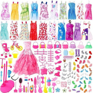 Janyun Dolls Accessories,114Pcs Doll Clothes Party Gown Outfits Set For Doll And Girl Dolls Dresses Accessories Shoes Bags Necklace Mirror Hanger Tableware Stocking Stuffers