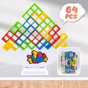 Lemren Tetra Stack Tower Attack Game - 64 Pcs With Storage Box Team Tower Game For Kids & Adults, Family Party Game Board Games Balance Stacking Toys For 2-6 Players