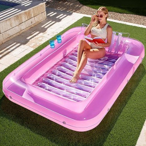 Sloosh Xl Inflatable Tanning Pool Lounge Float, 85" X 57" Extra Large Sun Tan Tub Adult Pool Floats Raft For Pool Sunbathing Suntan Blow Up Pool Lounger Tanning Bed Floatie For Adults, Xl-Pink White