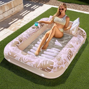 Sloosh Inflatable Tanning Pool Lounger Float For Adults, 70" X 46" Large Suntan Tub Pool Floats Sun Tan Tub Ice Bath Tub Tanning Bed Blow Up Pool Raft Lounge Floatie, L-Oatmeal White