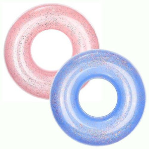 Moko Swim Rings With Glitter, 90Cm Diameter Inflatable Pool Float Swimming Pool Float Tube Round Shaped Swimming Tube Water Fun Beach Pool Toys For Summer Party For Kids Adults - Blue & Rose Gold