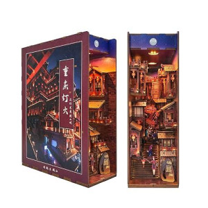 Tonecheer Diy Book Nook Kit For Adults,3D Wooden Puzzle Bookend Bookshelf Insert Library Decor, Booknook Miniature House Kit With Body Motion Sensor Led Light（Lights In Chongqing