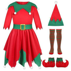 Frekuyrt Girls Elf Costume Set Kid Christmas Elf Dress With Hat Shoes Belt Socks