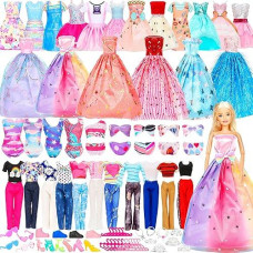 93 Pcs Doll Clothes And Accessories With Doll, Wedding Gown Dresses, Tops And Pants, Fashion Dresses, Swimming Suits, Shoe, Hangers,Doll Dress Up Toys For Girls In Gifts Package