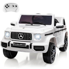 12V Kids Ride On Car, Gaomon Licensed Mercedes Benz G63 Electric Car W/Remote Control, Music, Spring Suspension, Led Light, Bluetooth, Horn, Aux, Safety Lock Battery Powered Electric Vehicle, White