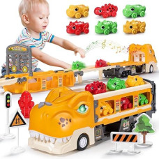 Risuntoy Yellow Dinosaur Toy Car-Foldable 117Cm Track With Launcher, Lights&Sounds, Safe Abs Plastic, Dual-Layer Storage,Includes 6 Mini Cars&12 Road Signs-Ideal Racing Playset For Kids Ages 3+