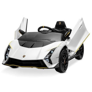 Kidzone 12V Ride On Car, Licensed Lamborghini Autentica Limited Edition Electric Vehicle Toy For Kid & Toddler, Battery Powered Sports Car W/2 Speed, 4 Motors, Parent Control, Spring Suspension -White