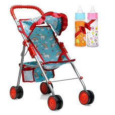 Fash N Kolor® Doll Stroller With Doll Feeding Bottles For Toddlers Boys, Girls, Little Kids - Toy Stroller With Bottom Storage Basket, Foldable Frame, Canopy, Seatbelt, Dolls Gift