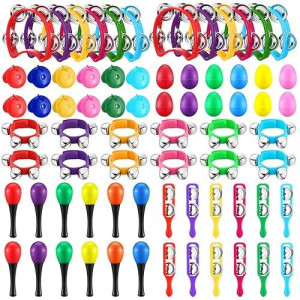 Silipull 72 Pcs Shaker Musical Instruments For Kids, Egg Shaker, Wrist Hand Band Bells, Maracas Shakers, Percussion Tambourine, Cymbals, Plastic Castanets For Preschool Early Music Learning Toy