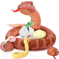 Morismos Snake Stuffed Animals Plush Toy 120 Inch Giant Stuffed Animals Snake With Babies Large Snake Plush Toy For Kids Party Decorations Favors Prank Props, 4 Snake Babies, 3 Snake Eggs