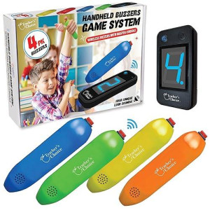 Teacher'S Choice 4 Player Wireless Handheld Game Buzzer System - Displays First Buzz-In - Great For Jeopardy, Family Feud, Trivia And Buzzer Games - Console With 4 Joystick Buzzers, 4 Unique Sounds