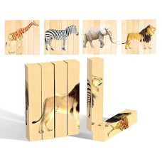 Wooden Animal Chunky Puzzles For Toddlers 2+ Years - Montessori 4 In 1 Safari Animal Block Puzzle Toy