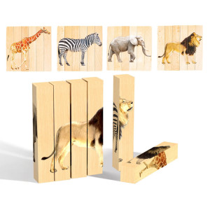 Wooden Animal Chunky Puzzles For Toddlers 2+ Years - Montessori 4 In 1 Safari Animal Block Puzzle Toy