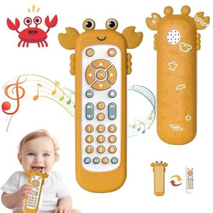 Baby Tv Remote Control Toy With Cute Crab Soft Silicone Cover Teething Toy, Realistic Baby Musical Remote Control Toy With Light ＆ Sound, Educational Toys With 3 Language For 6M+Toddlers(Yellow)