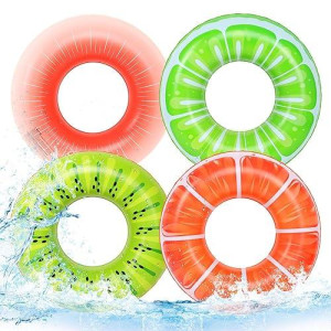 Moko Inflatable Fruit Pool Floats Kids - 4 Pack Thick Swimming Rings Pool Toys Floaties Tubes Fruit Water Floaty Watermelon Kiwi Orange Swim Rings Float For Swimming Party Lake Beach Kids Adults