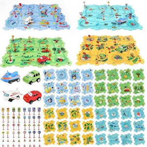 Yooyid Puzzle Racer Kids Car Track Set, Kids Toys Boys 3-5, Toys For 2 3 4 5 6 Year Old Boys, Toys For Ages 2-4, Montessori Toys For 3+ Year Old, Fat Brain Toys(100Pcs, 4 Themes)