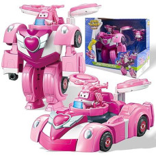 Super Wings Transformer Toys, 7" Super Robot And 2" Mini Dizzy Transforming Suit, 2 In 1 Racing Car-Robot Action Figure For Boys And Girls Age 3+, Gifts For Preschool Kids, Pink