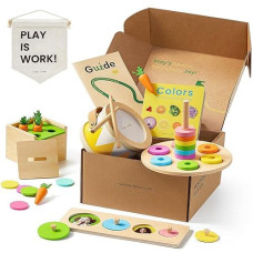 Tiny Land®️ Montessori Toy Set For Baby 13-15 Months Explorer Play Kit - 7-In-1 Baby Drum, Carrot Harvesting And Coin Boxes, Stacking And Color Matching Plate, Size Matching Puzzle, Color Board Book