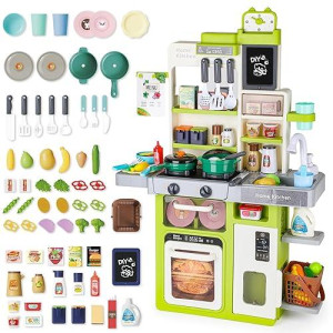 Deao Kids Kitchen Playset Pretend Play Kitchen Toy With Sounds, Lights, Cooking Stove & Play Sink Toy Kitchen With Accessories & Play Food For Toddlers 3+ Years Old (Green)