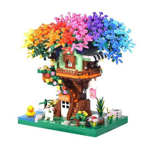 Cozymass Architecture Rainbow Tree Building Block Treehouse Garden Mini Bricks Modle Collectible Decorations Toys Presents For Kids And Adults 1528Pcs