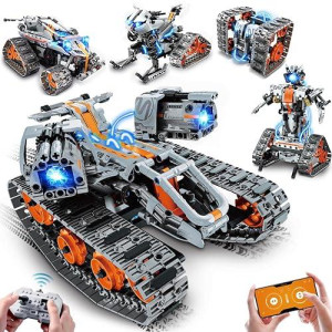 Insoon 5-In-1 Building Toys With Led Light, App & Remote Controll Building Block Set, 604 Pcs Rc Tech Rechargeable Tank Robot Sleigh Tracked Racer Toy, Gift For Kids Boys Girls Ages 6 7 8 9 10 11 12+