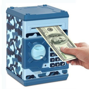 Setibre Piggy Bank, Electronic Atm Password Cash Coin Can Auto Scroll Paper Money Saving Box Toy Gift For Kids (Camouflage Blue)