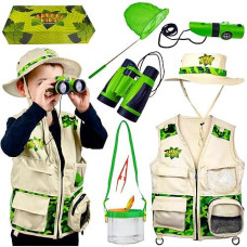 Kidz@Play Bug Hunting Kit, Vest, Hat, Binoculars, Lg. Net, Bug Container, Whistle, Flashlight, Magnifier, Thermostat, Compass (Green)