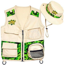 Safari Kidz Outdoor Explorer Kit - Children'S Camouflage Cargo Vest And Hat Set (Green)