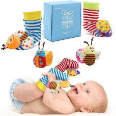 Bloobloomax Baby Rattles Toys For 0-12 Month, Infant Girl Boy Toys For Babies 3-6 Months, Newborn Hand & Foot Toys For 0 To 9 Months, Baby Shower Gifts Set With Wrist Rattle Socks (Light Blue)