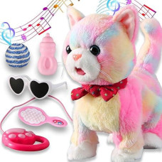 Colorful Leash Walking Cat Set Interactive Talking Cat Singing Dancing Kitten Mimicking Repeat What You Say Kitty Touch And Voice Control Nodding Wagging Tail Plush Electric Kitty For Kid Gril