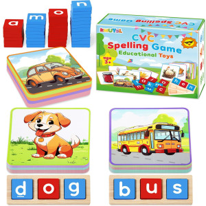 Kmuysl Cvc Word Spelling Games, Wooden Learning Activities Toys, Educational Montessori Toy For 2 3 4 5 Years Old Toddlers Kids Boys And Girls, Flash Cards Sight Words For Kindergarten Preschool