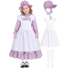 Pioneer Girl Costume Colonial Prairie Costume Dress Kids Pilgrim Costume Outfit Bedelia Martha Cosplay Floral Maid Farmer Dresses With Bonnet Apron Socks, Blue Ca022M